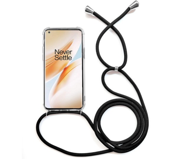 Handyschutz Hülle Case mit Band Kordel Kette Schnur zum Umhängen für OnePlus 1+ OnePlus 8T (6,55") Schwarz / Silber